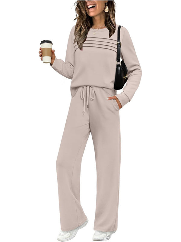 Women's Autumn Long Sleeve Round Neck Elastic Waist Trousers Fashion Casual Suit