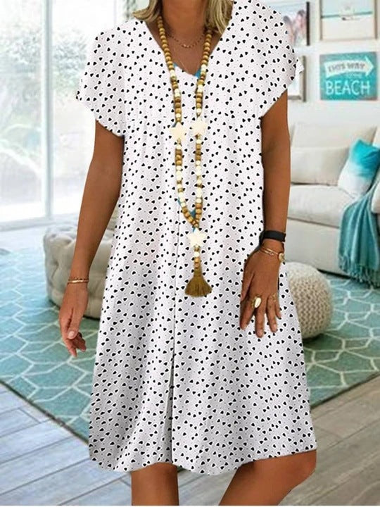 Women's Casual Short-sleeved Polka Dot Heart Shape Printed Dress