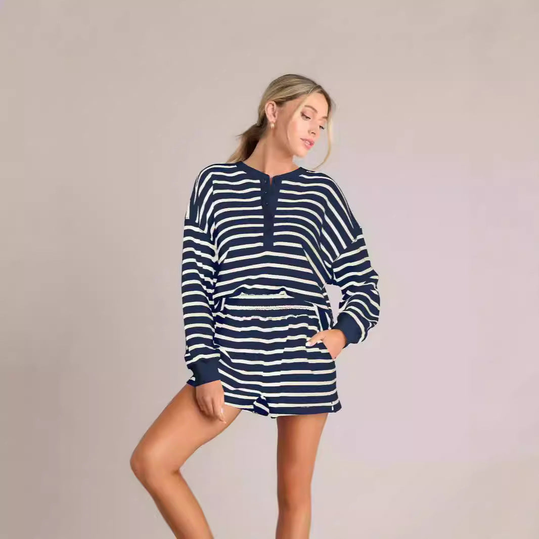 Women's Striped Autumn Collar Decorated With Buttons Long Fashion Casual Suit