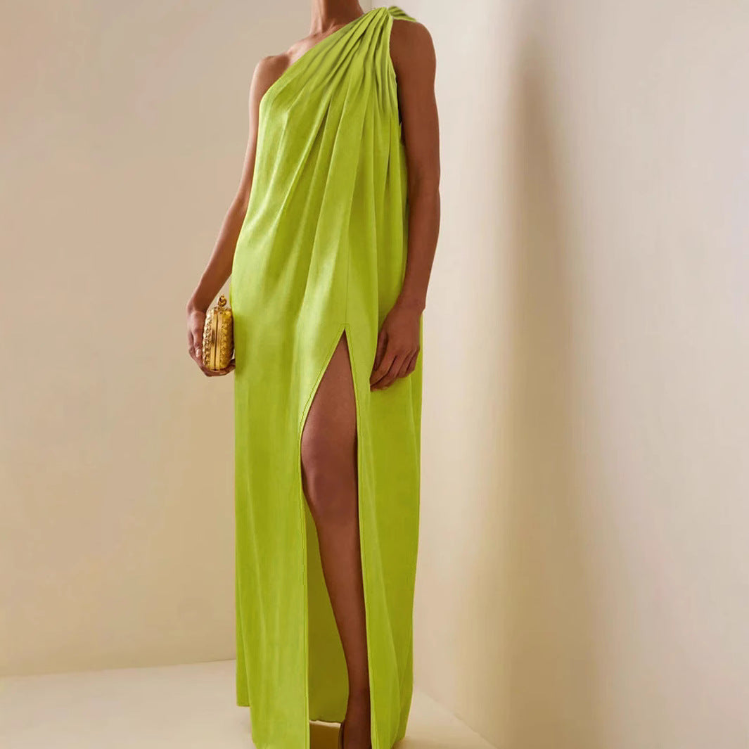 Women's Slant Shoulder Irregular Sleeveless Long Dress Dresses