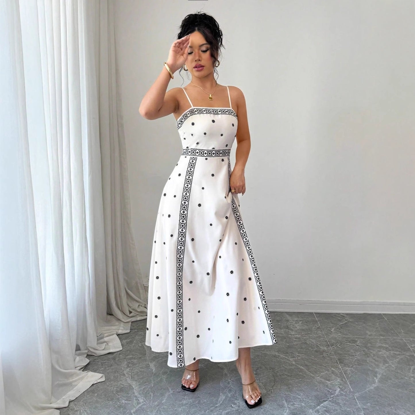 Women's Elegant Sling White Printing Long Dress