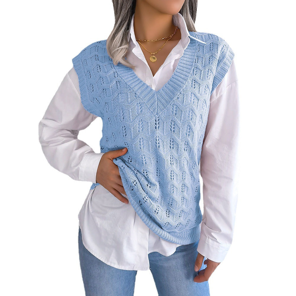 Women's Clearance Solid Color Hollow Wavy Knitted Sweaters