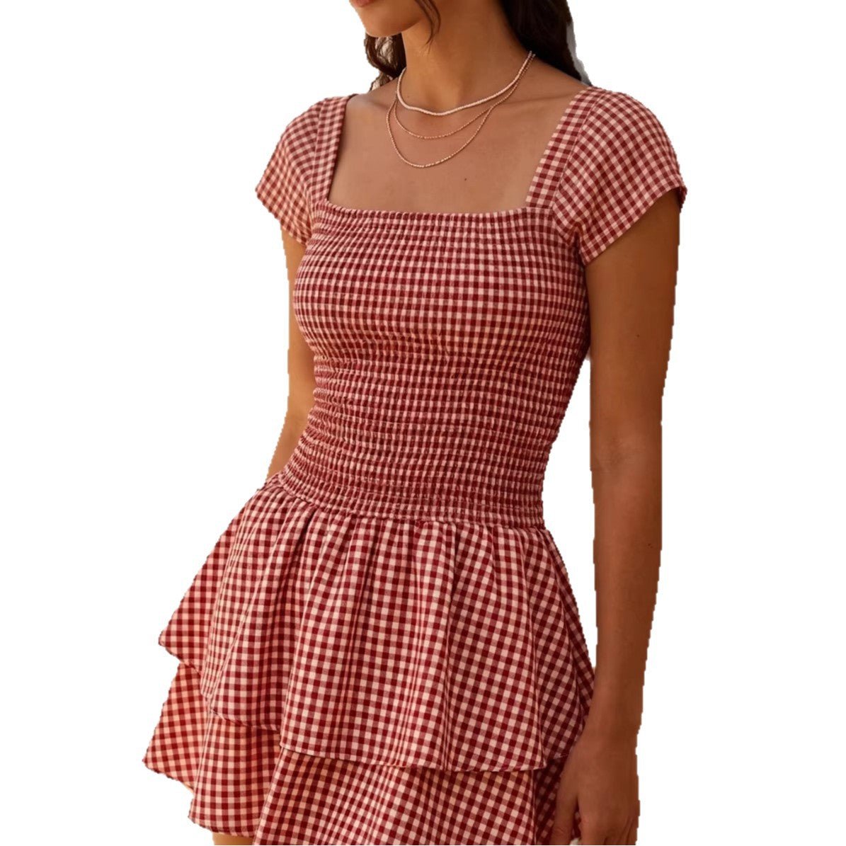 Women's Retro Plaid Summer Square Collar French Clothing