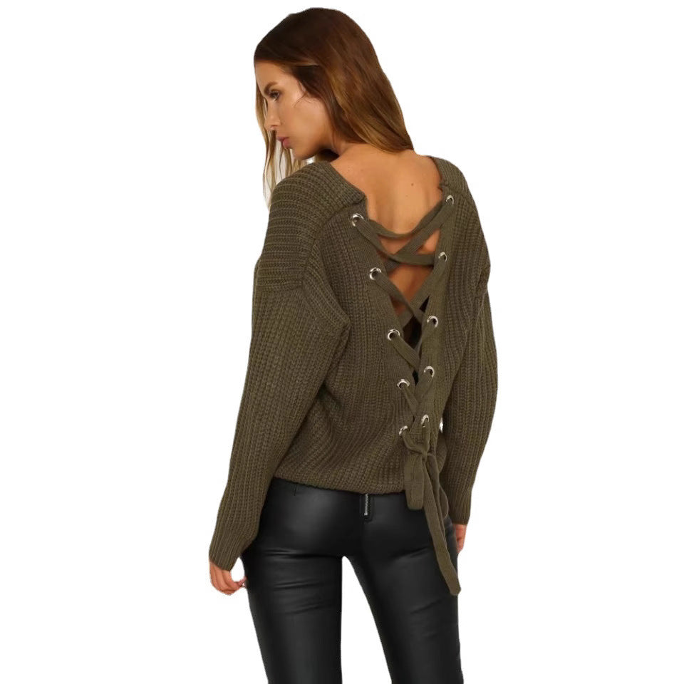 Loose Eyelet Cross Strap Drawstring Hollow Women's Sweater