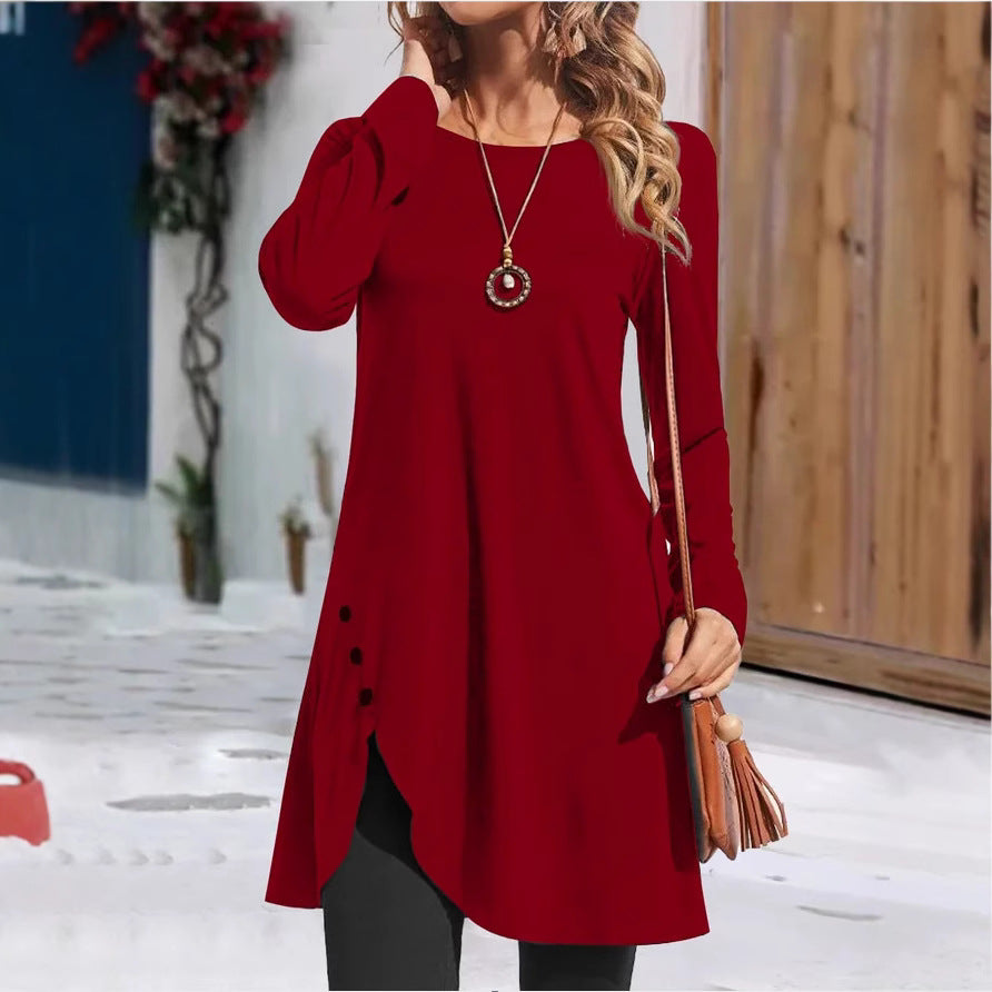 Women's Round Neck Solid Color Long Sleeve Dress