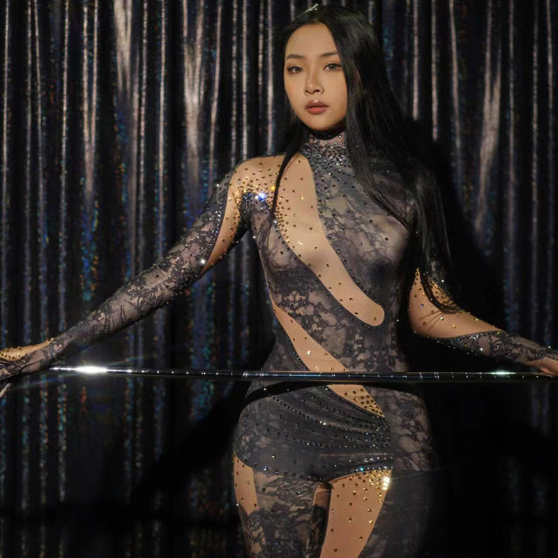 Sexy Full Diamond Long-sleeved One-piece Trousers Jumpsuits