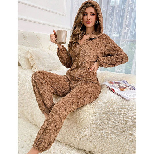 High Texture Jacquard Plush Casual Zipper Hooded Jumpsuits