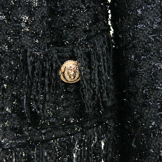 Women's Glossy Black Tweed Fringe Pocket Fastener Coats