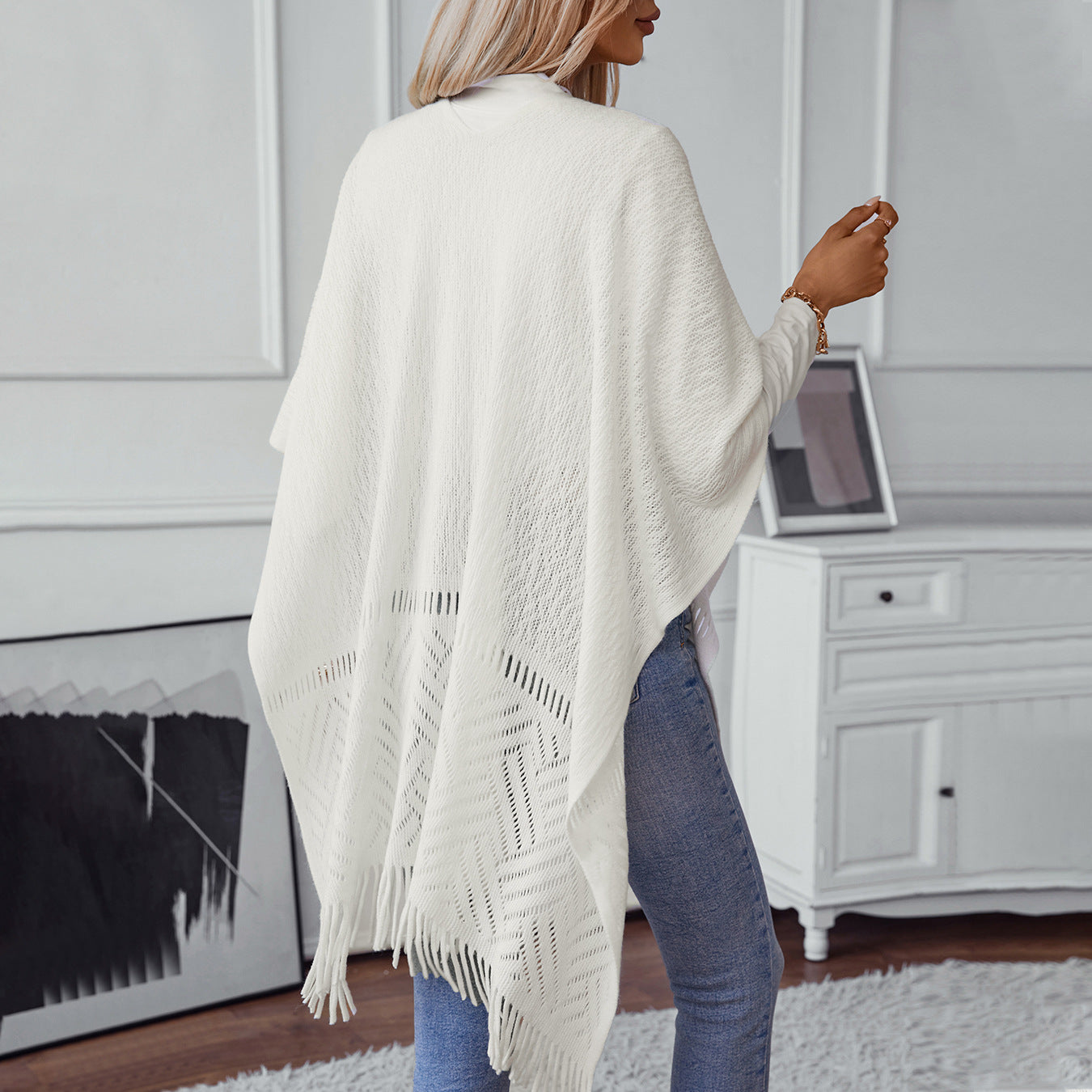 Women's Solid Color Knitted Tassel Cape Shawl Casual Women's Sweater