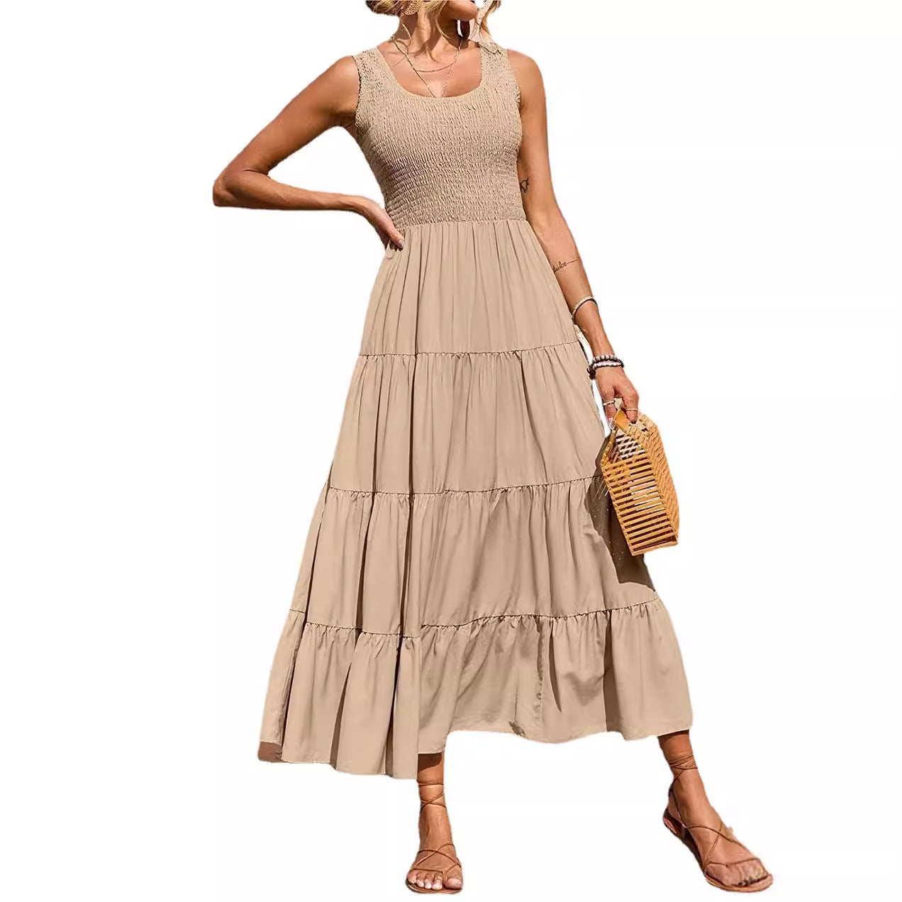Women's Spring Suspender Pleating Stitching A- Line Large Dresses