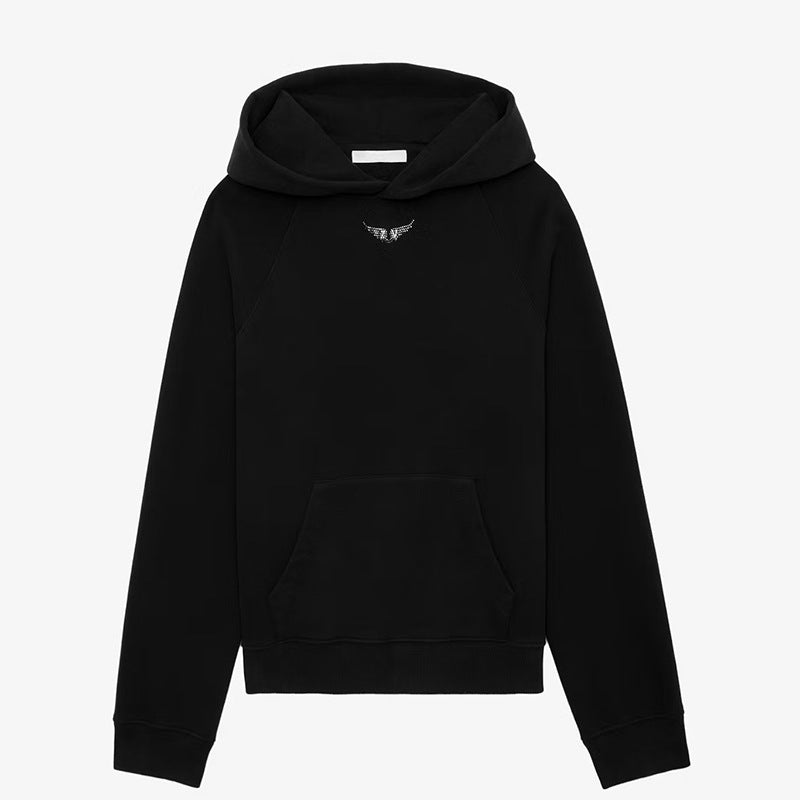 Women's Winter French Niche Wings Rhinestone Sleeves Printed Fleece Black Sweaters