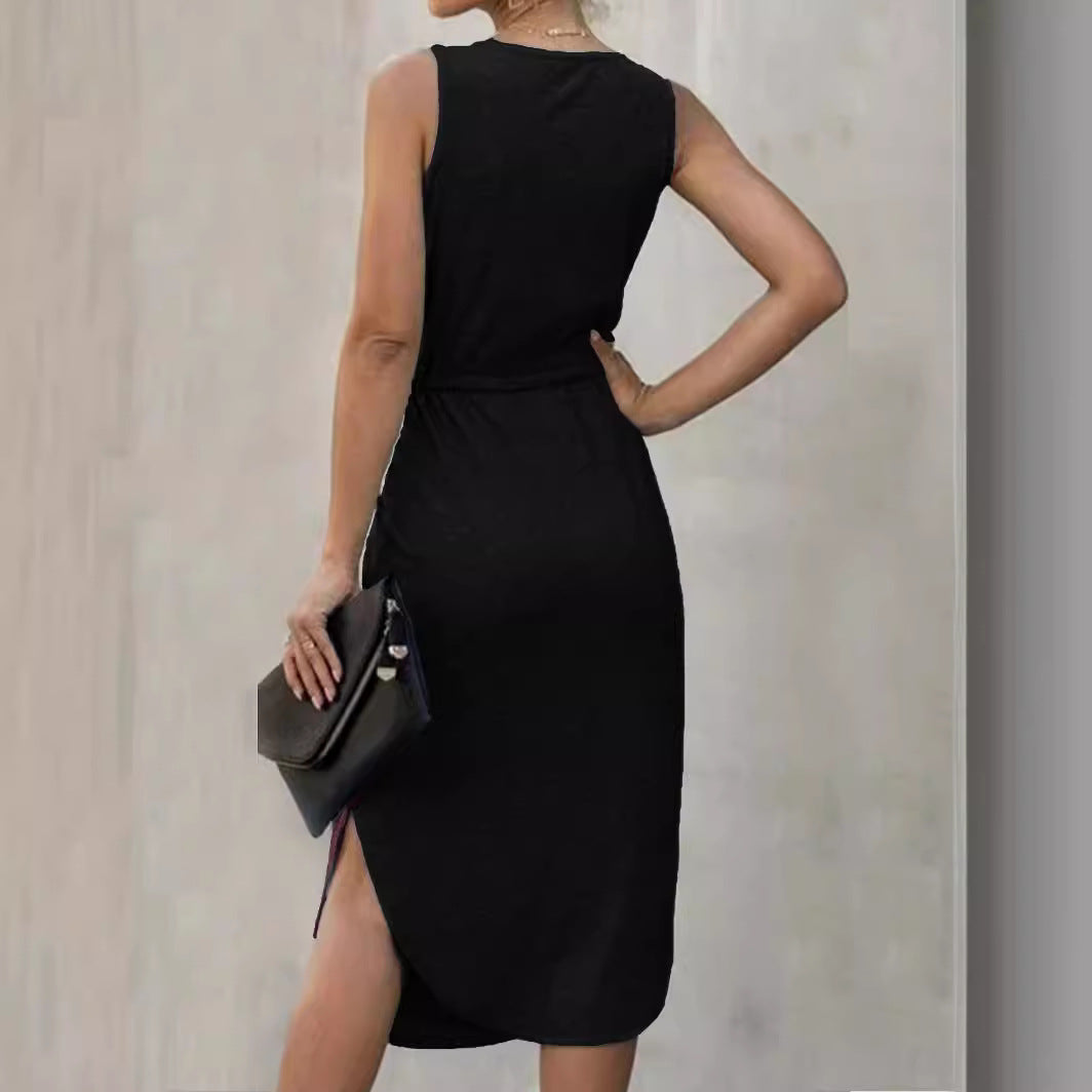 Women's Solid Color Irregular Cinched Round Neck Dress