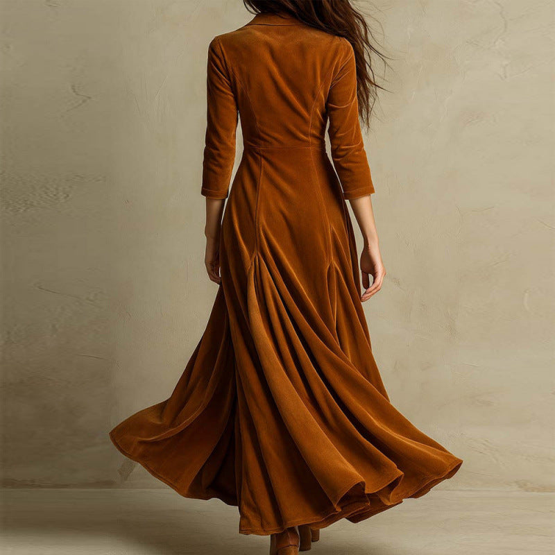 Women's Veet Lapel Temperament Long Sleeve Big Dresses