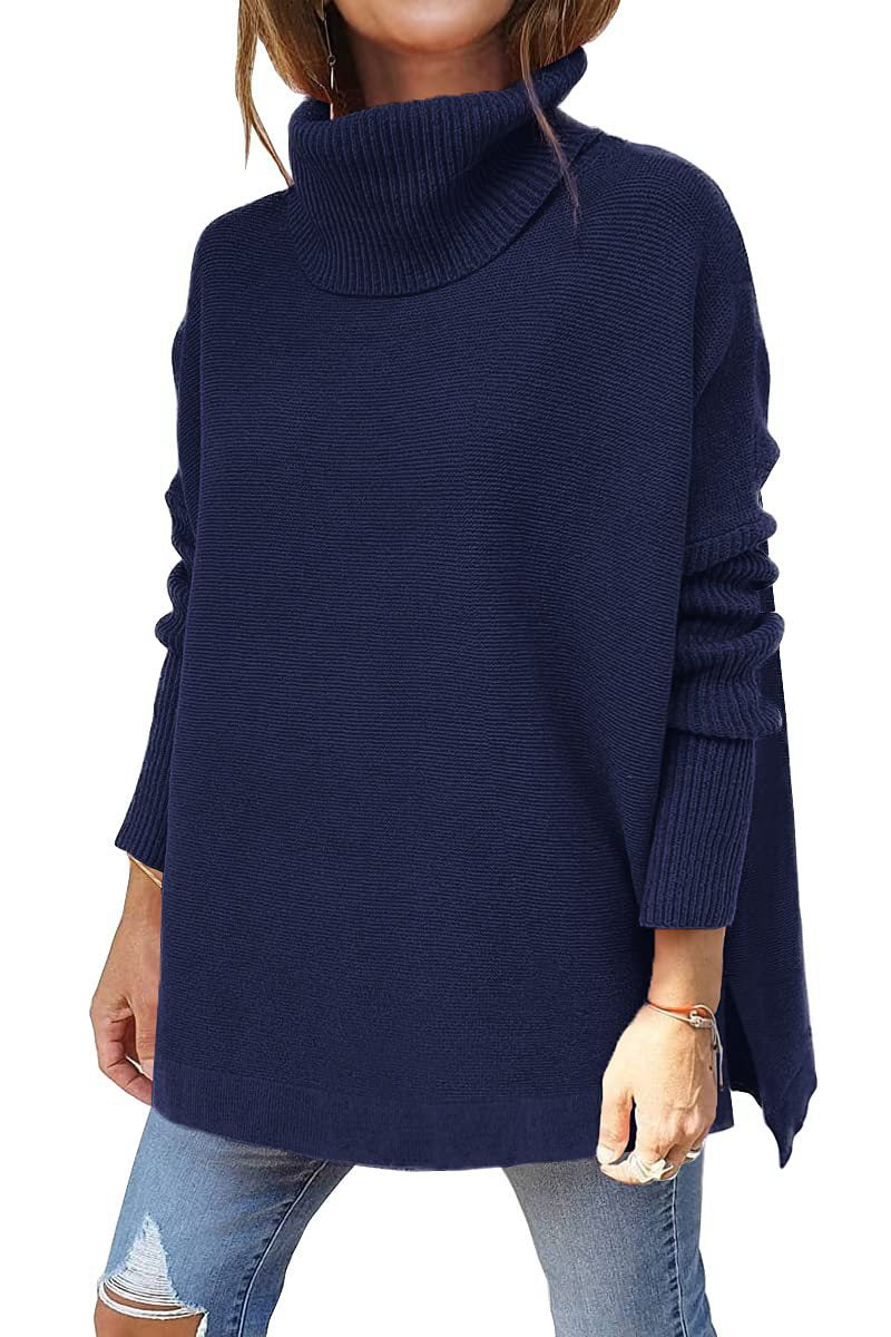 Sleeve Turtleneck Mid-length Batwing Hem Waist Women's Sweater