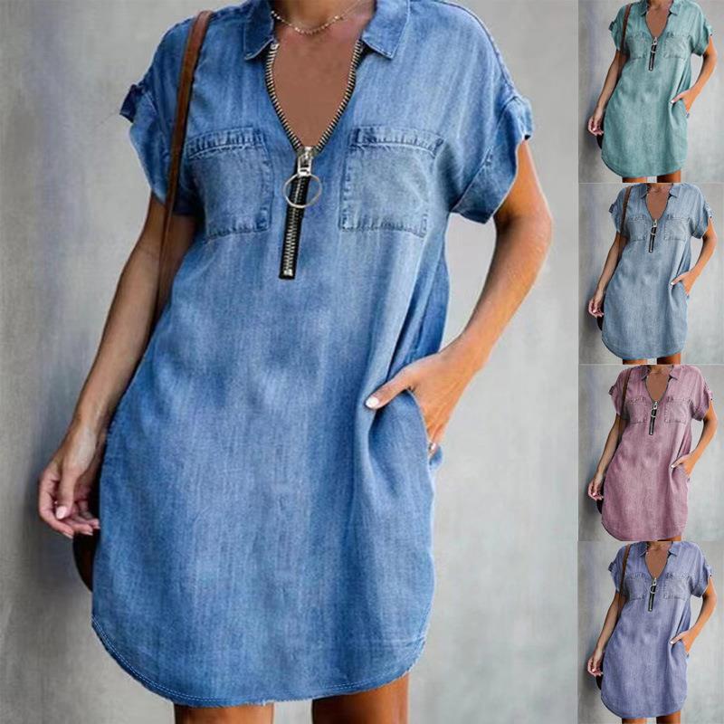 Charming Lapel Sleeve Loose Denim Shirt Dress
