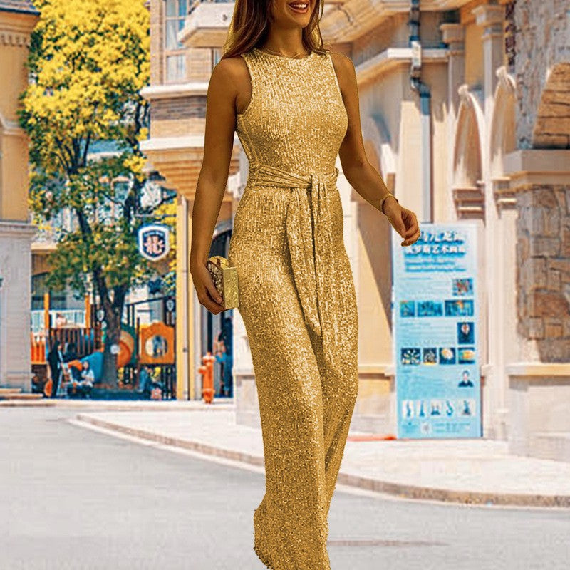 Women's Summer Round Neck Sleeveless Personalized Sequined Sier Fashion Casual Suit