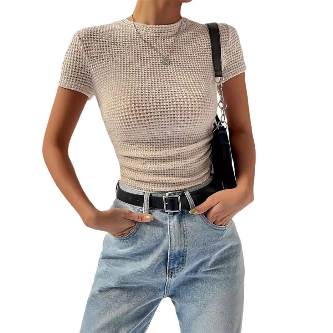 Slim Fit Versatile Pleating Round Neck Blouses