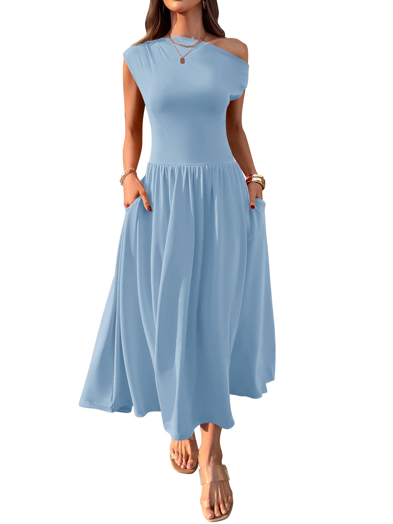 Shoulder Sexy Waist Trimming Solid Color Long Dresses