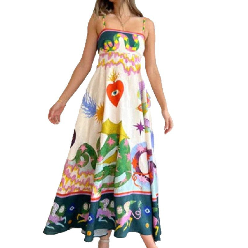 Summer Elegant Positioning Printed Sleeveless High Waist Large Swing Dress