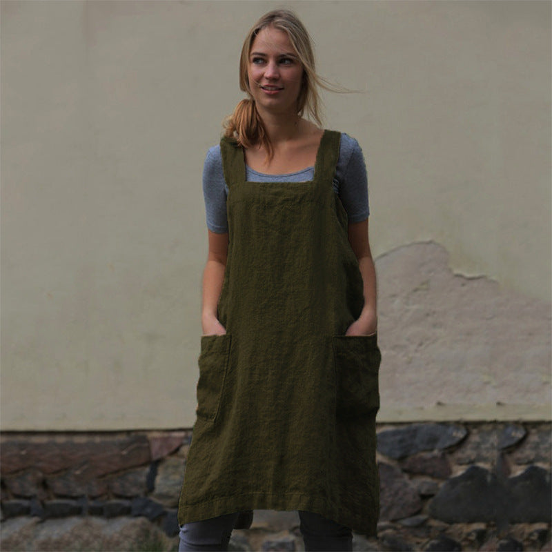 Women's Cotton Linen Apron Home Wear Gardening Dress