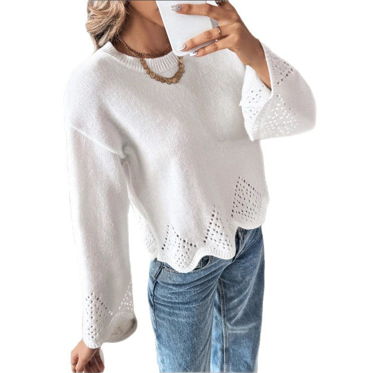 Women's Hollow Irregular Hem Round Neck Knitted Bottoming Shirt Sweater