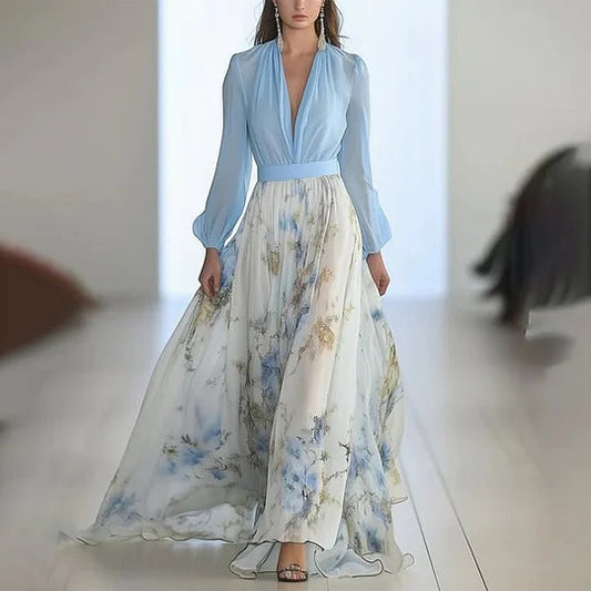Women's Digital Printing Long Sleeve Collar Patchwork Dresses