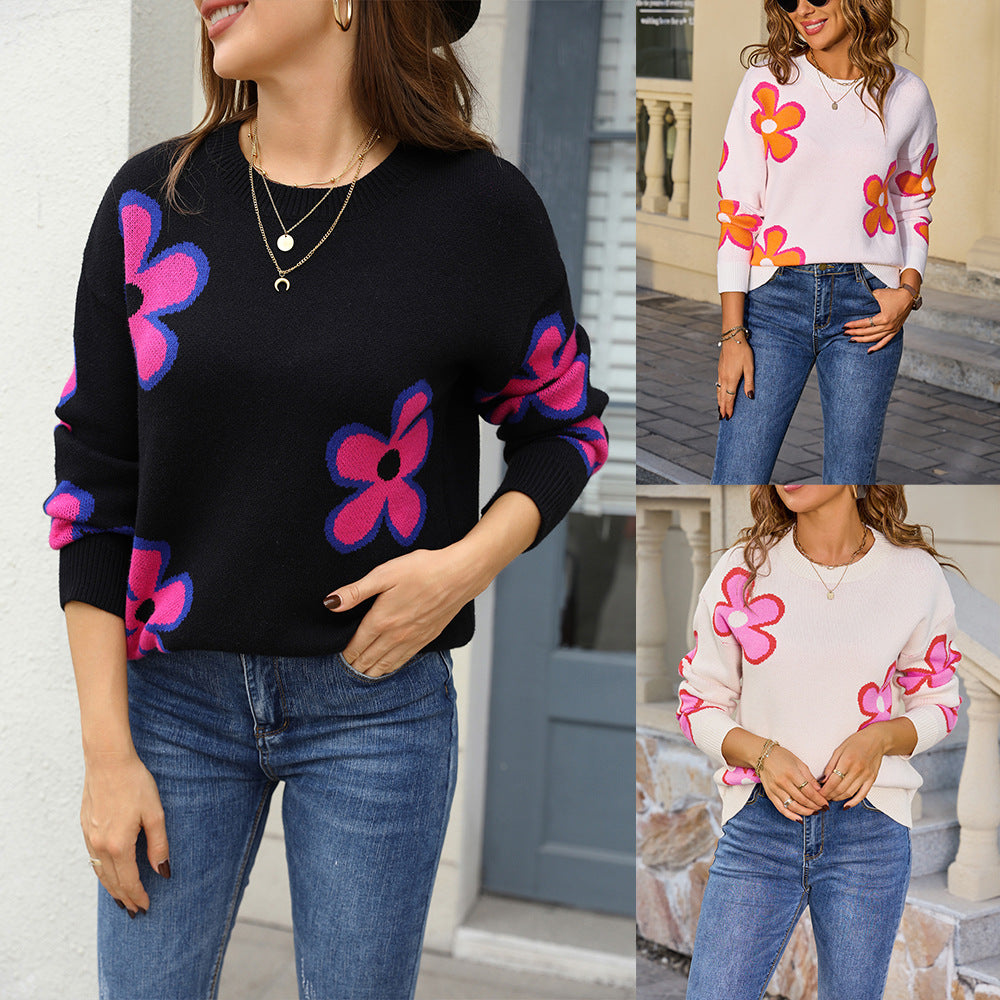 Women's Flower Jacquard Loose-fitting Trendy Contrast Color Tops
