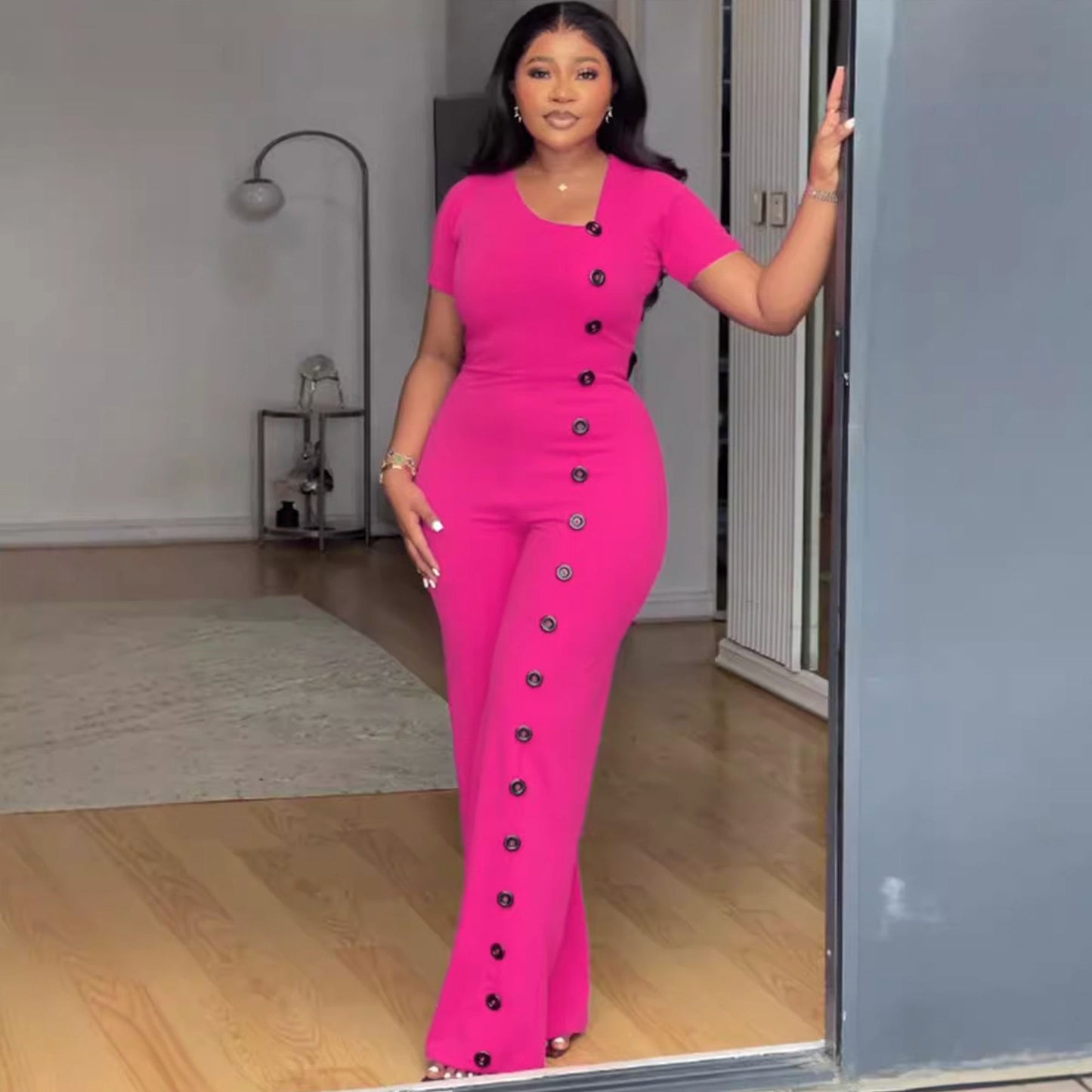 Irregular Neckline Waist Wide Leg Breasted Jumpsuits