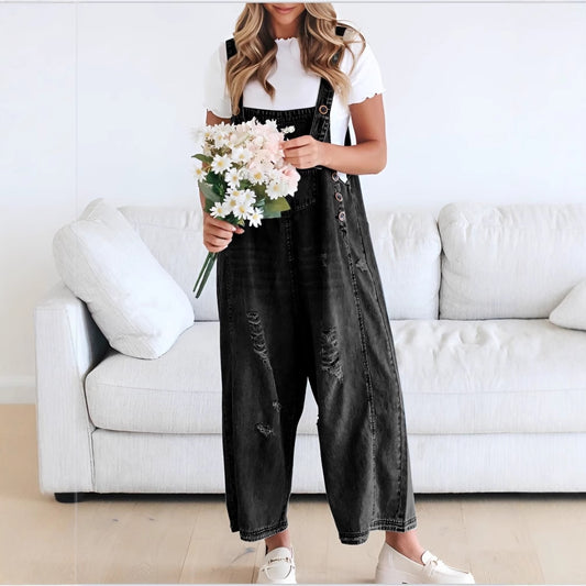 Women's Fashionable Loose Hole Casual Denim Suspender Jumpsuits