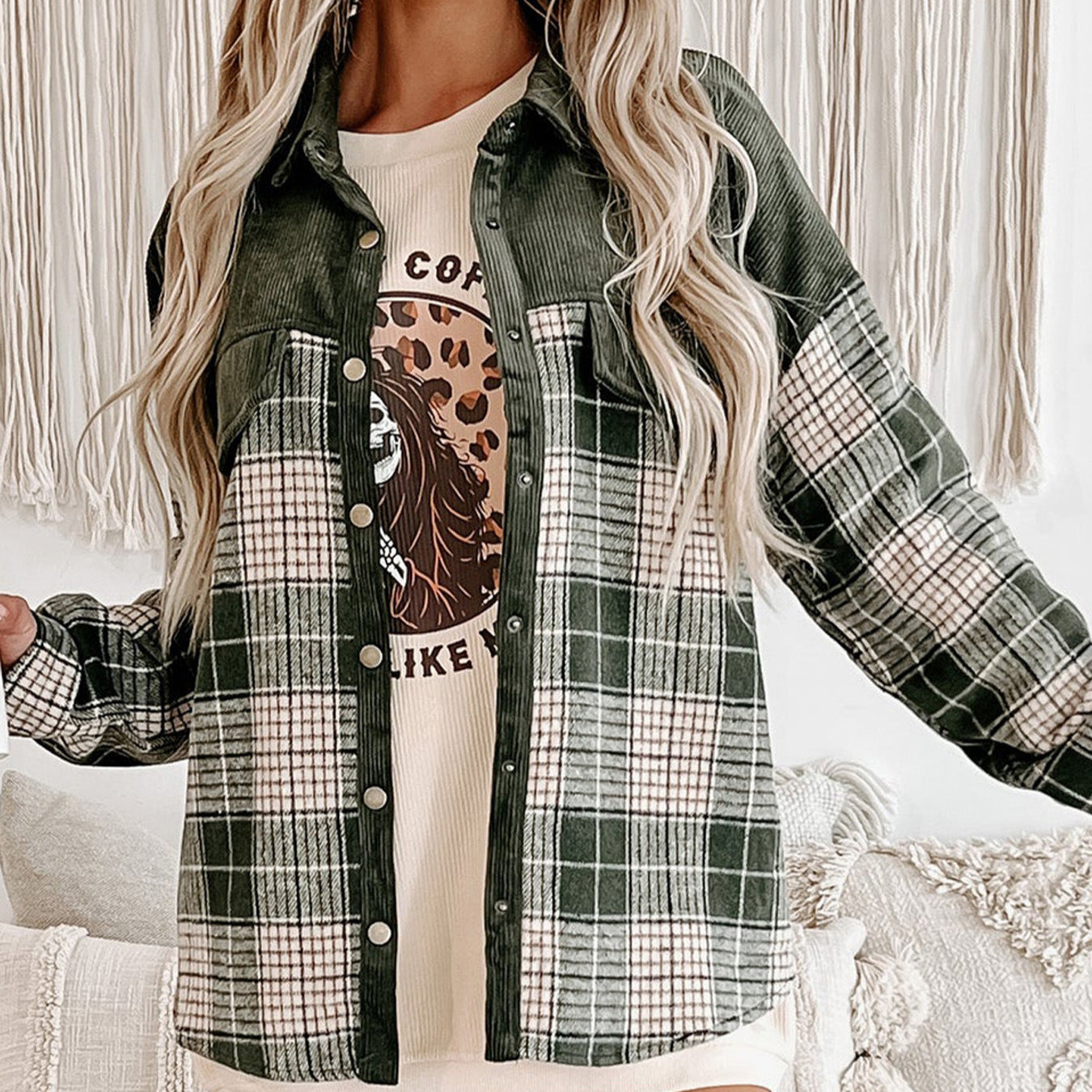 Women's Long Sleeve Winter Plaid Color Matching Tops
