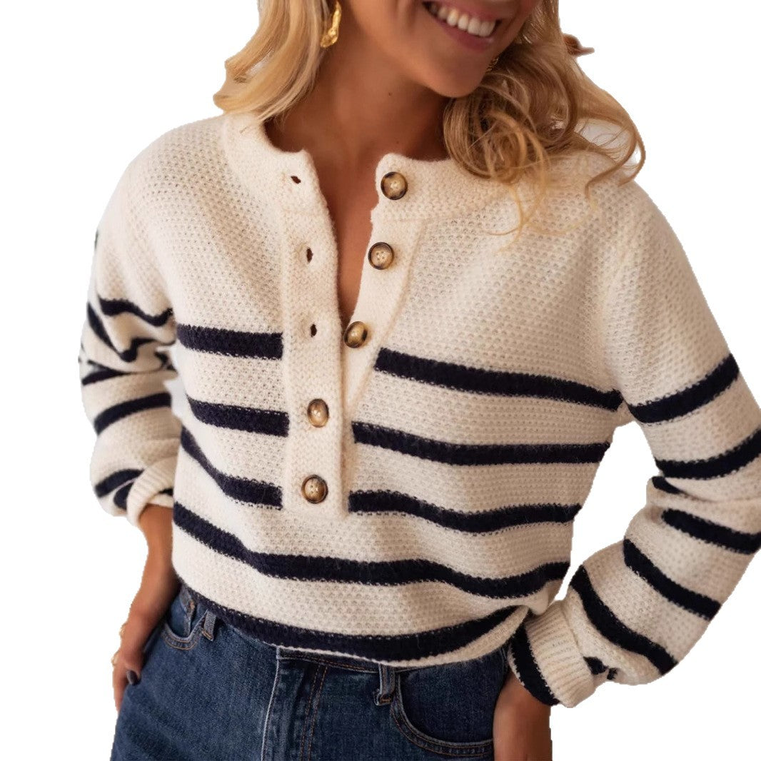 Women's Striped Pullover Fashion With Buttons Sweaters