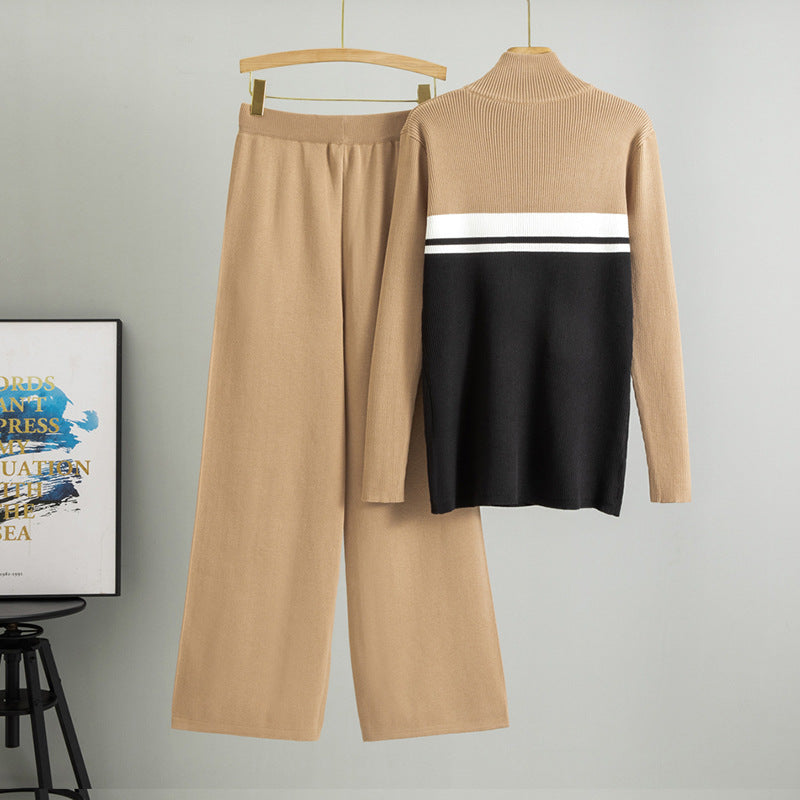 Women's Color Matching Knitted Turtleneck Zipper Spring Fashion Casual Suit