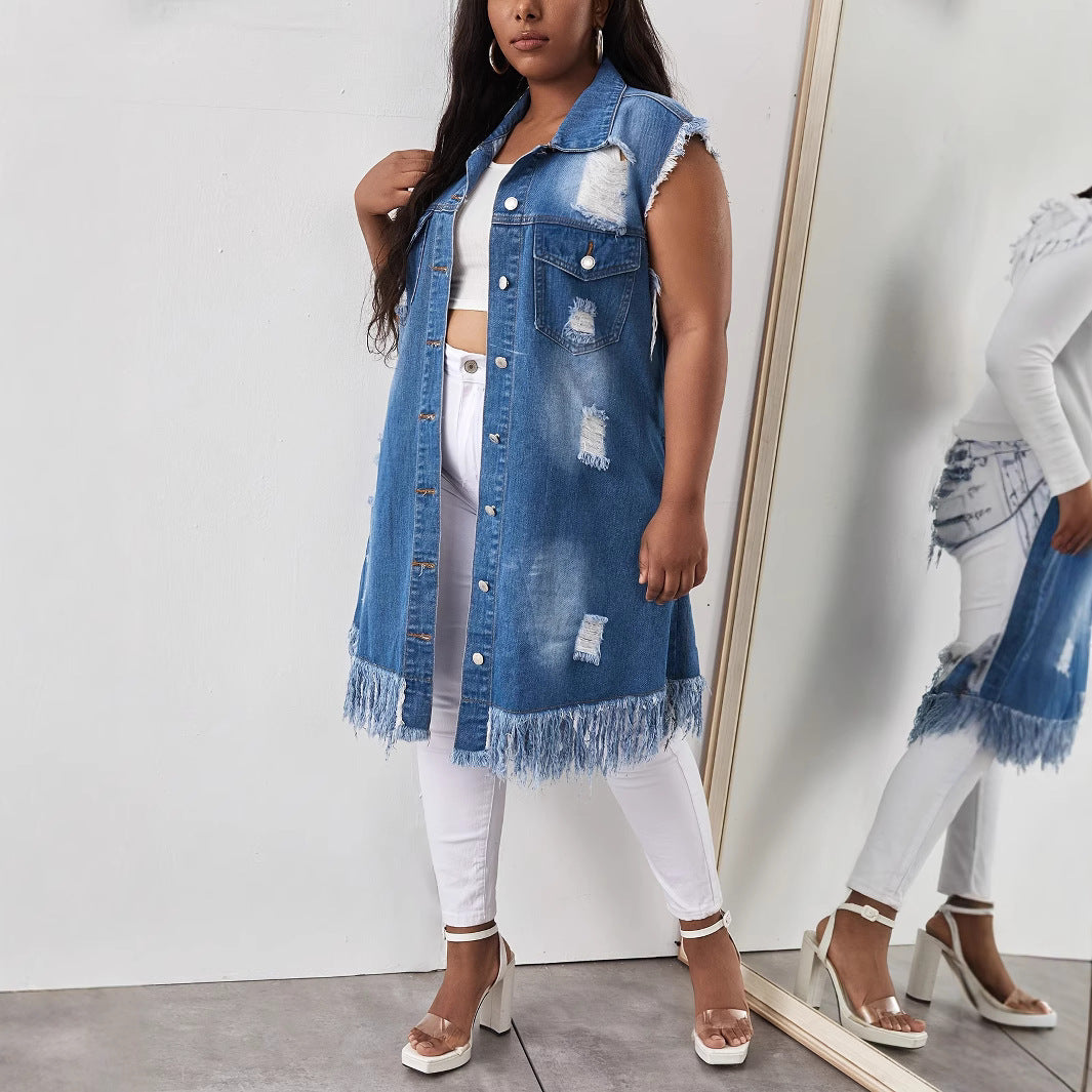 Women's Large Lapel Back Area Ripped Button Vests