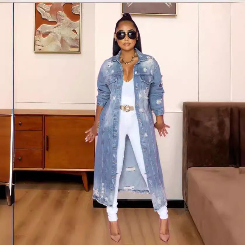 Glamorous Loose Hole Denim Long Cloak Coats