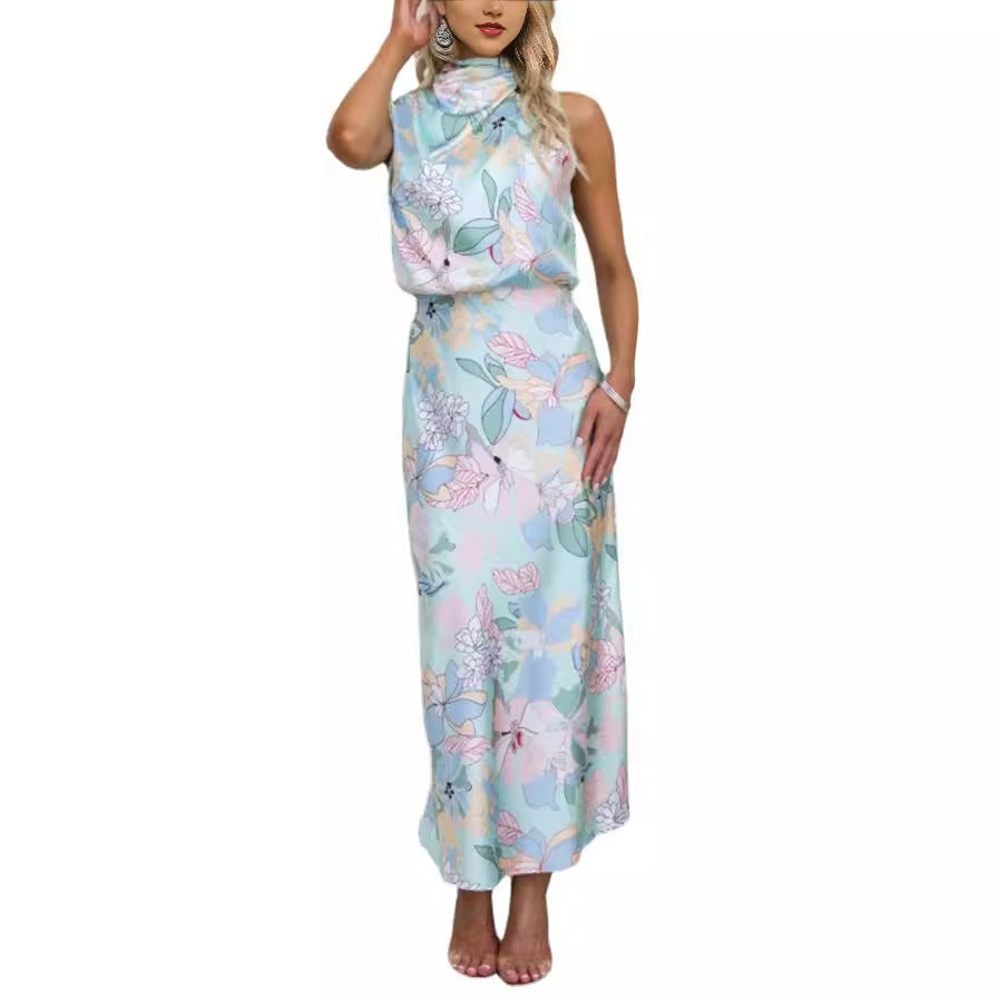 Women's Mature Elegant Sleeveless Strap Printing Satin Dresses