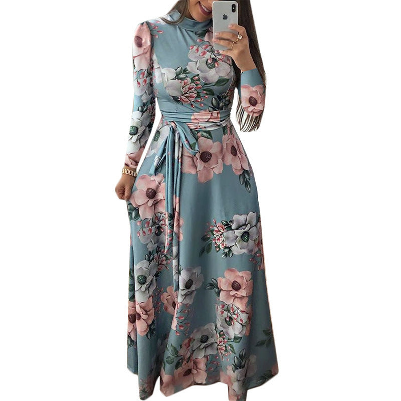 Women's Autumn Flower Print Sleeve Large Swing Dress