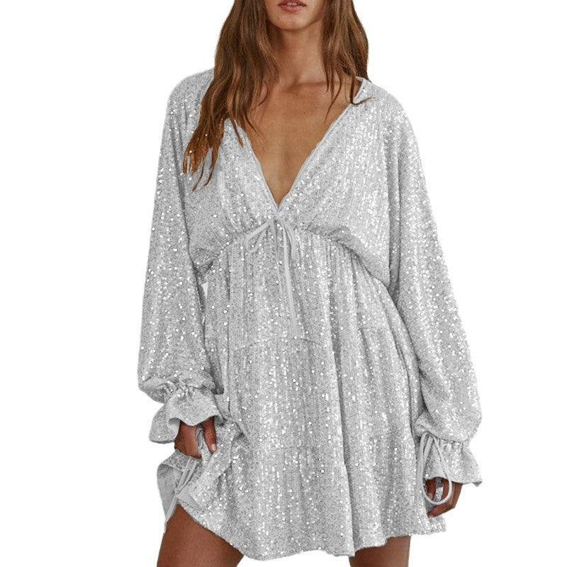 Women's Collar Sequin Sexy Hot Drape Summer Dress
