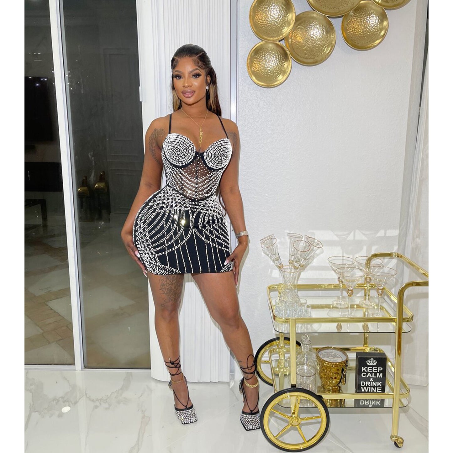 Women's Fashion Wear Pure Color Mesh Rhinestone Dresses