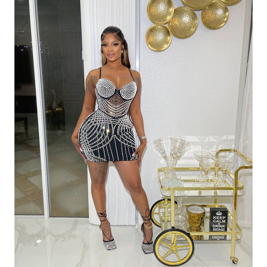 Women's Fashion Wear Pure Color Mesh Rhinestone Dresses