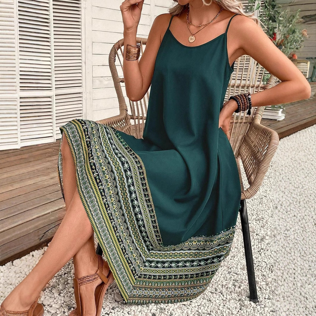 Summer Sling Stitching Printing Irregular Hem Dress