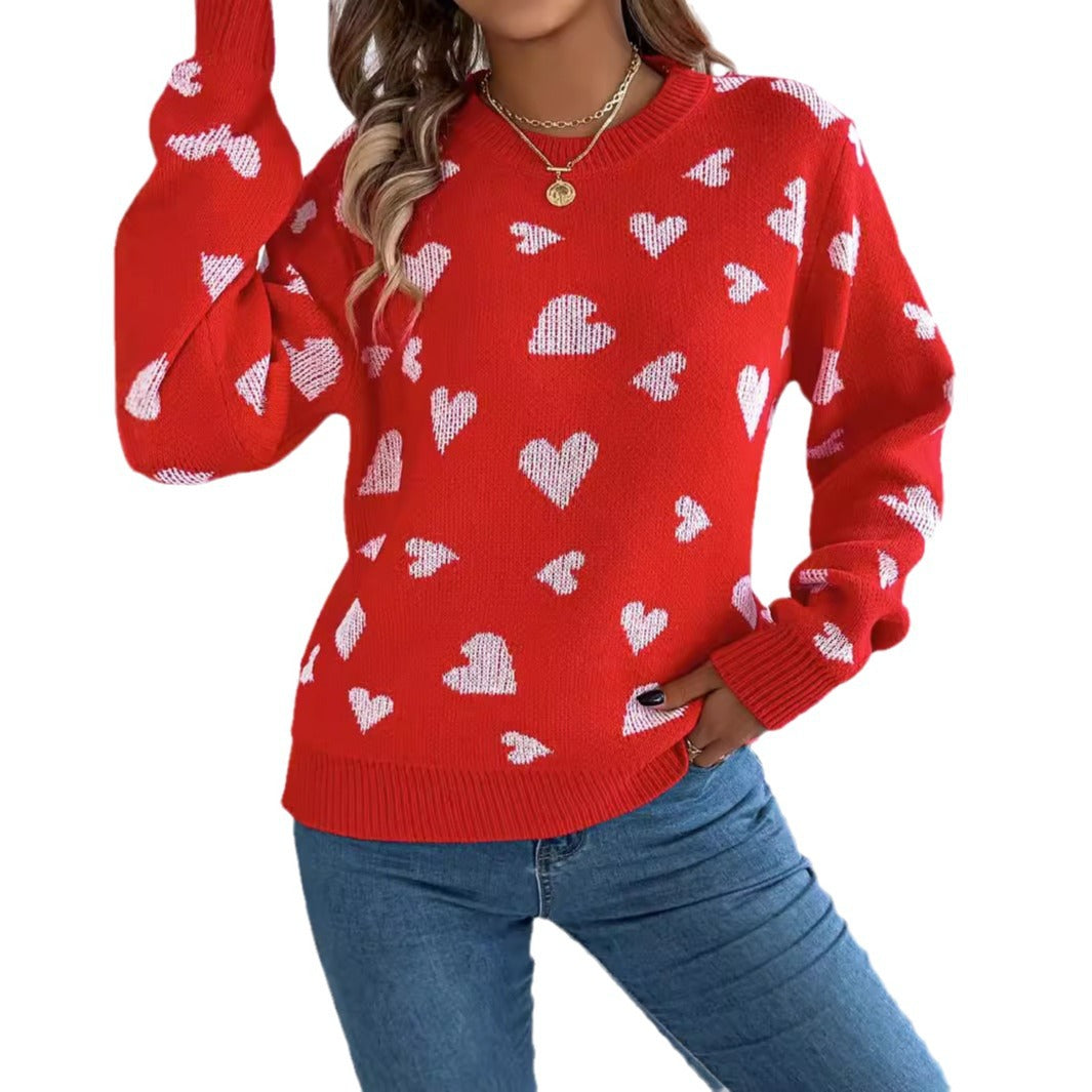 Clearance Casual Contrast Color Love Lantern Sleeve Pullover Sweater