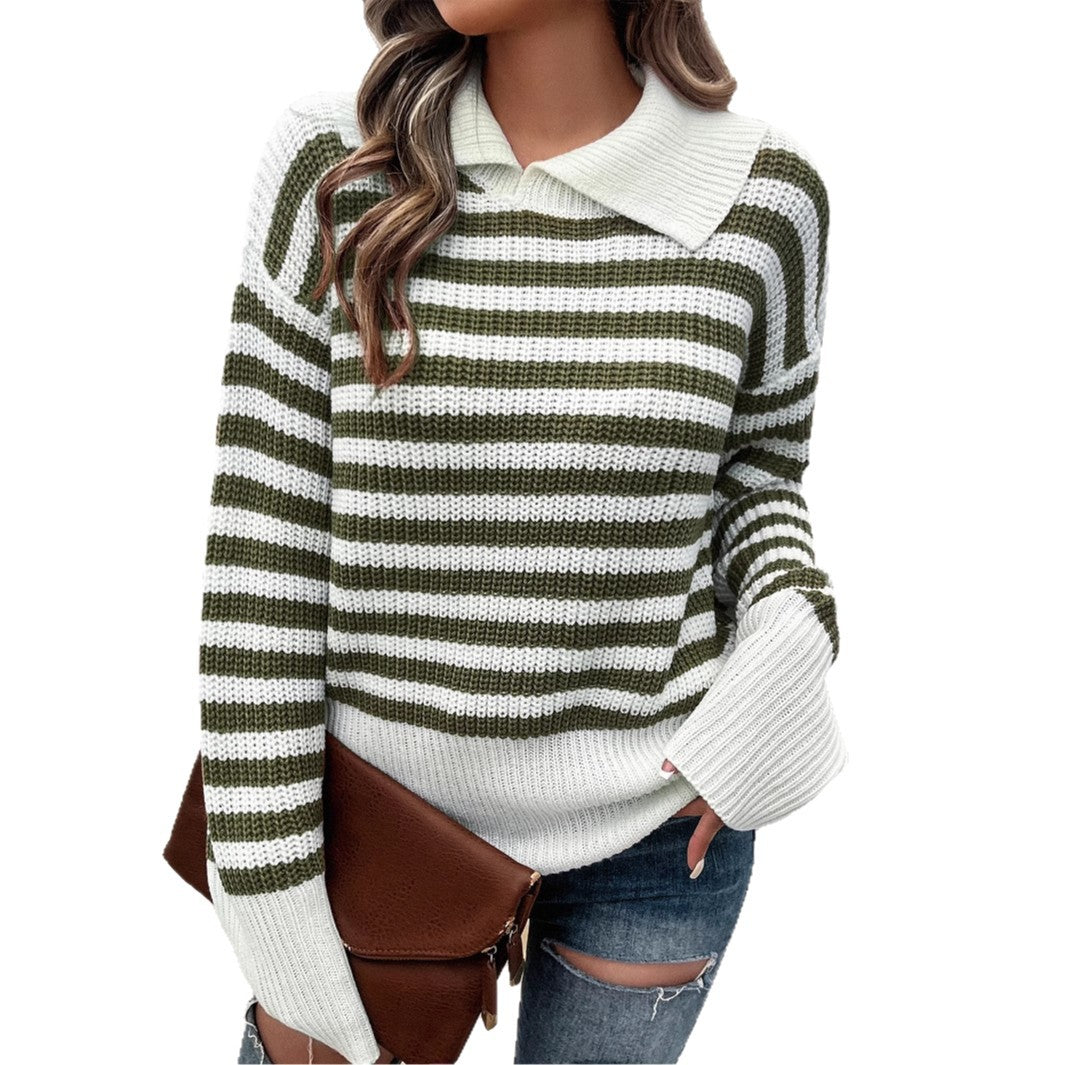 Women's Casual Simple Style Striped Lapel Sweaters