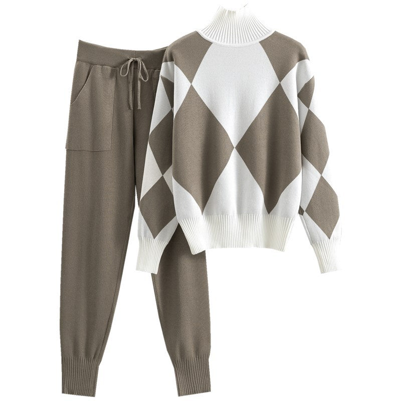 Women's Knitted Plaid Two-piece European Goods Tide Fashion Casual Suit