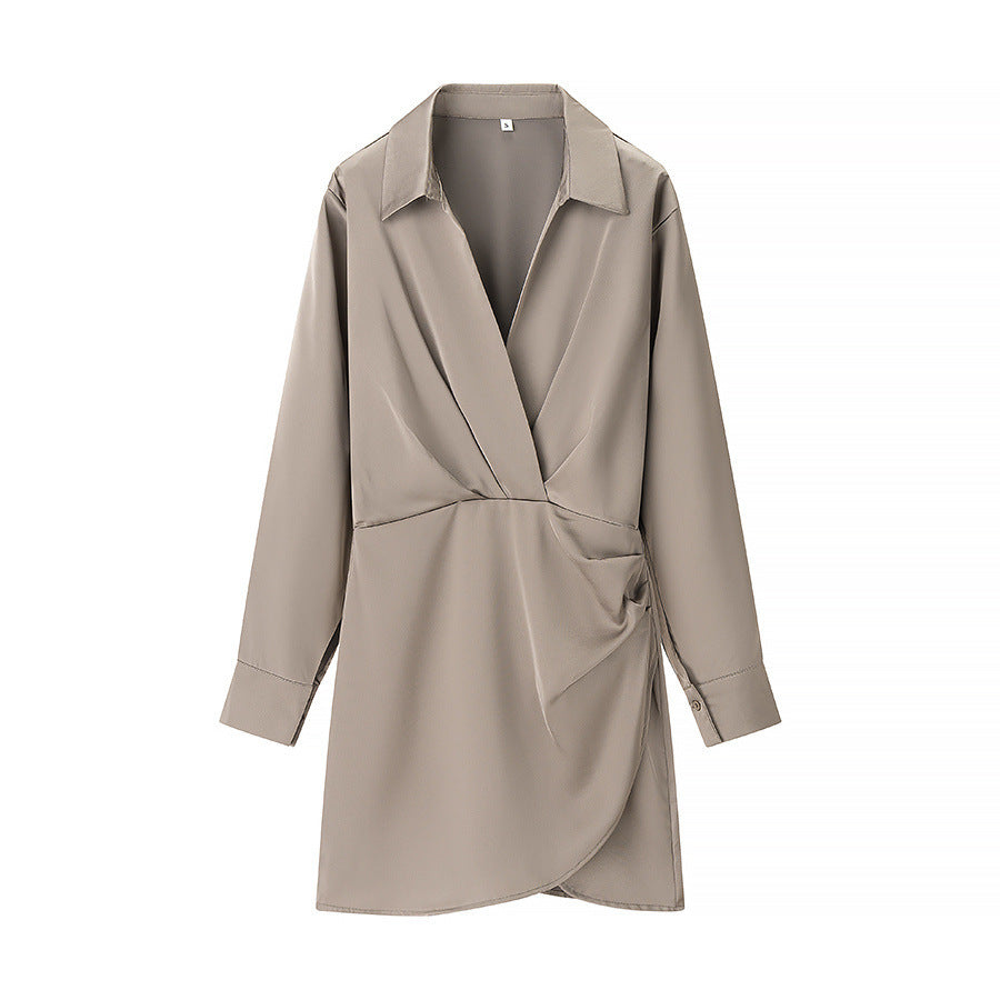 Side Wrinkle Dress Shirt Style Long Sleeve High Dresses