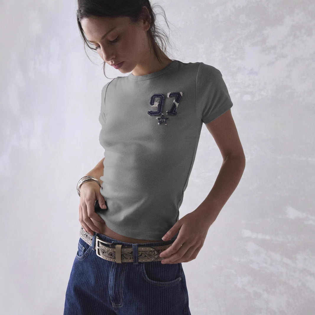Women's Letters Blue Affixed Cloth Embroidered Summer Blouses