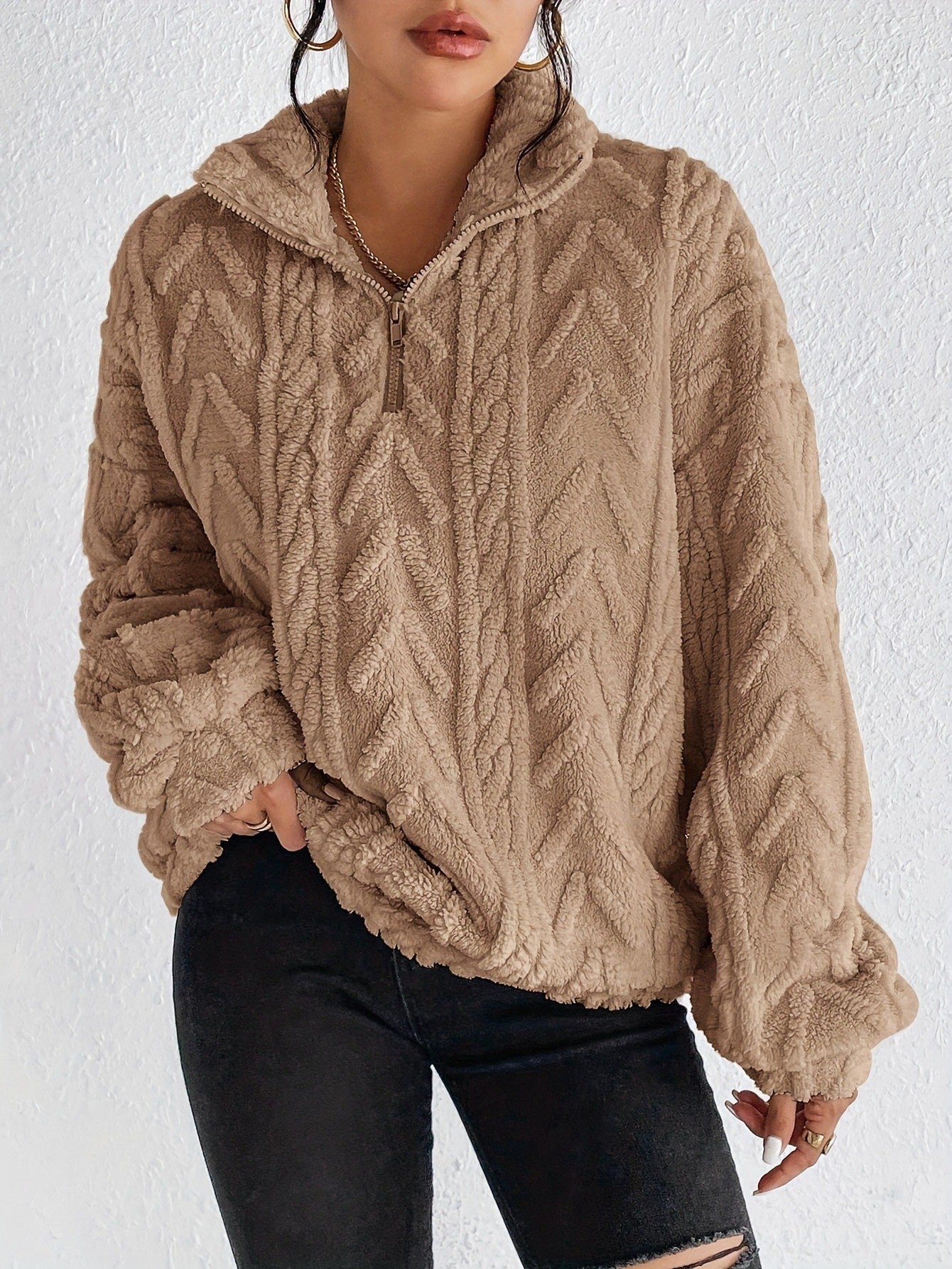 Women's Double-sided Plush Art Casual Zipper Pullover Women's Sweater, Sweater