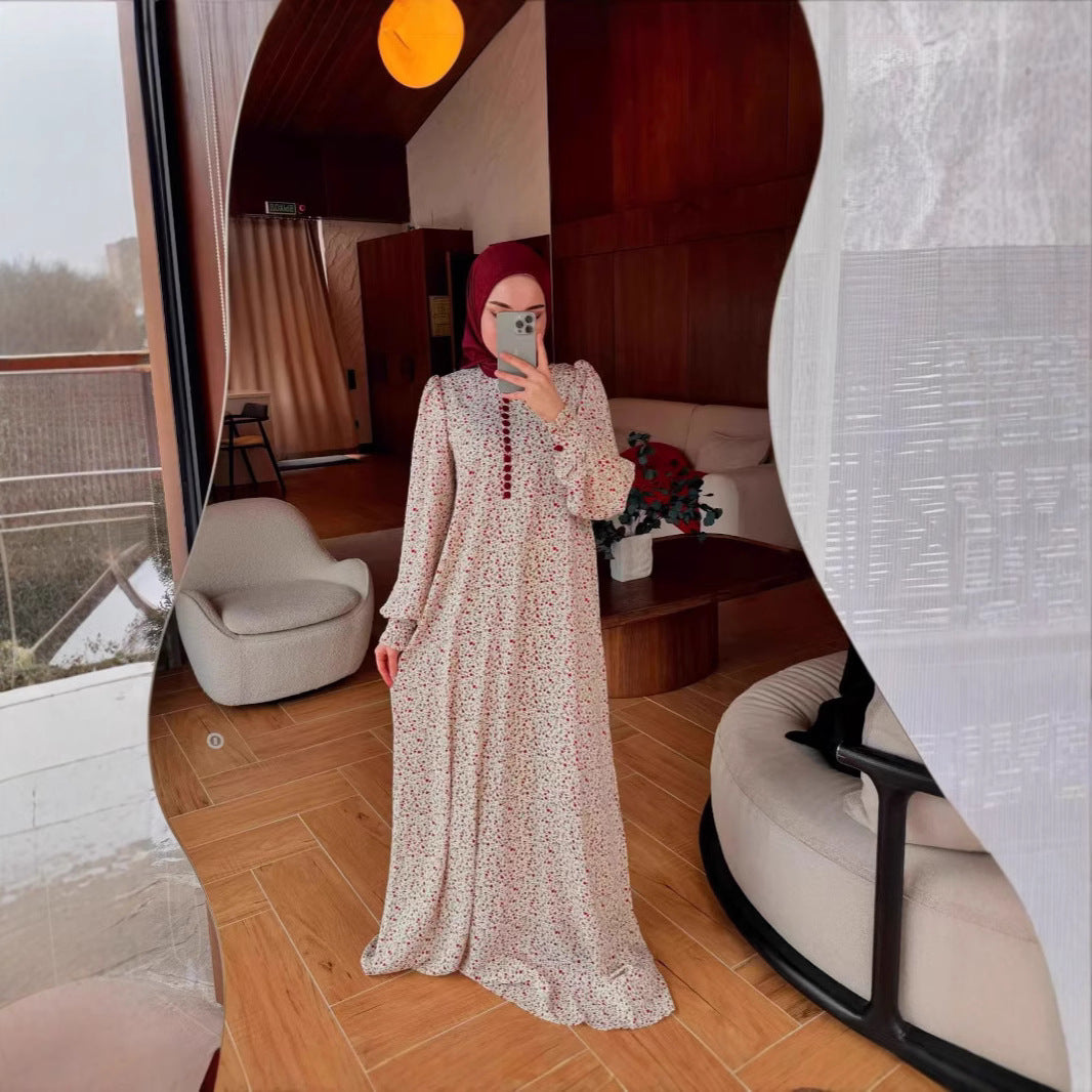 Women's Muslim Wear Floral Long-sleeved Large Swing Dresses