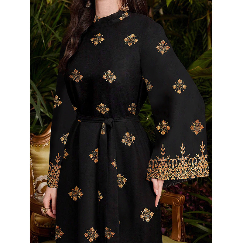 Women's Fashion Printed Black Long-sleeved Long Tight Waist Temperament Slimming Dress
