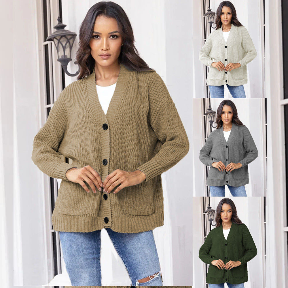 Women's Solid Color Loose Single-breasted Pocket Tops