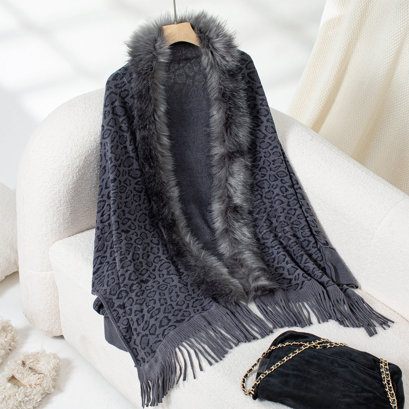 Women's Leopard Print Fur Collar Shawl Knitted Loose Batwing Sleeve Sweater